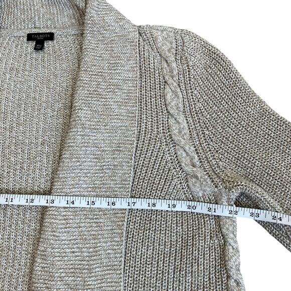 Talbots Sz XL Petite Oatmeal Marled Chunky Cable Knit Open Front Cardigan Cotton - Picture 10 of 16